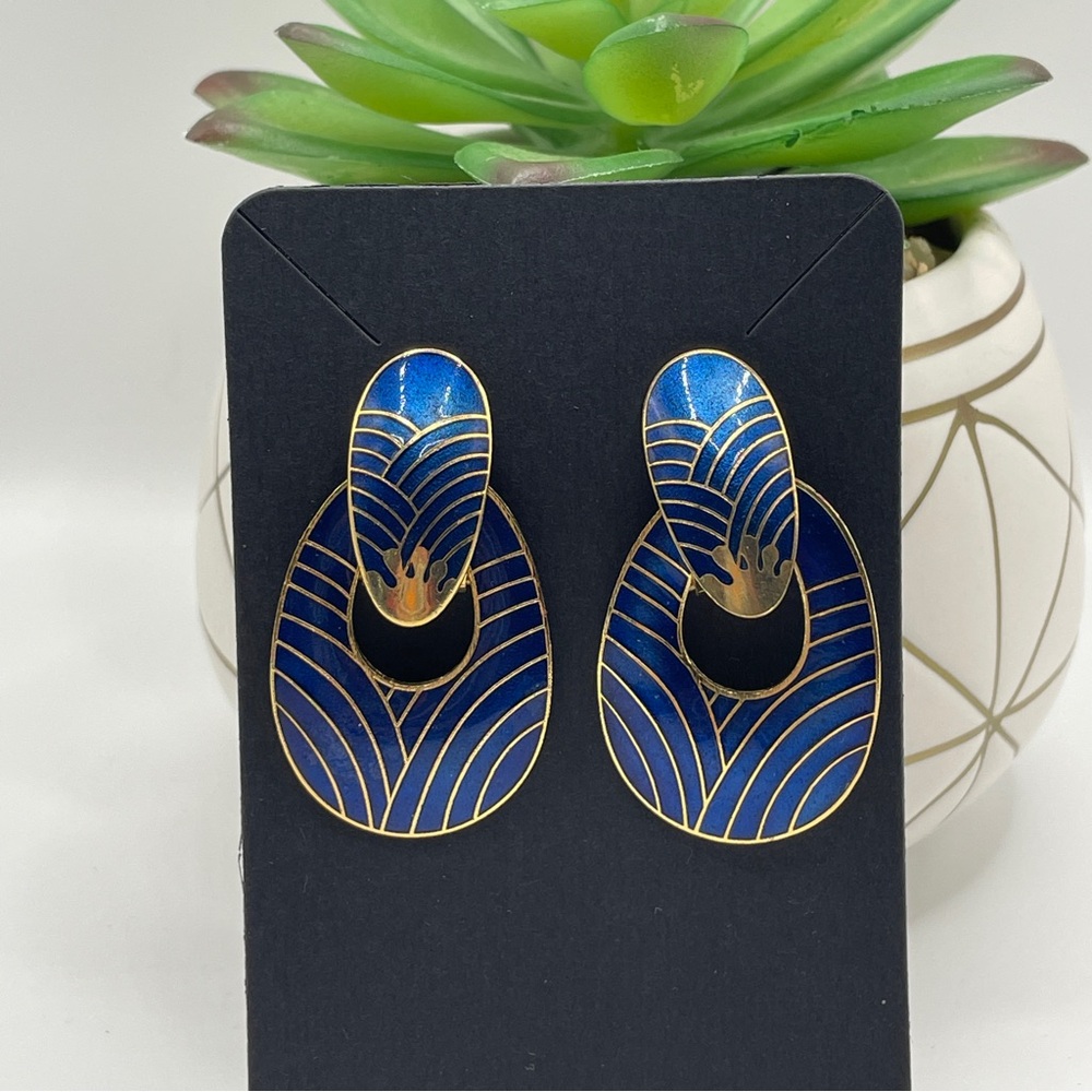 Deadstock Blue Enamel Art Deco Door Knocker Earrings • Unsigned 80s Statement